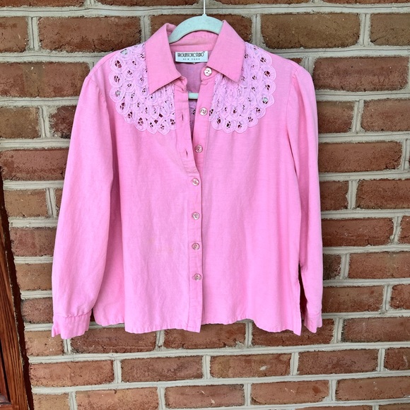 Vintage Pepto pink blouse with lace trim, approximate size medium - Picture 1 of 8